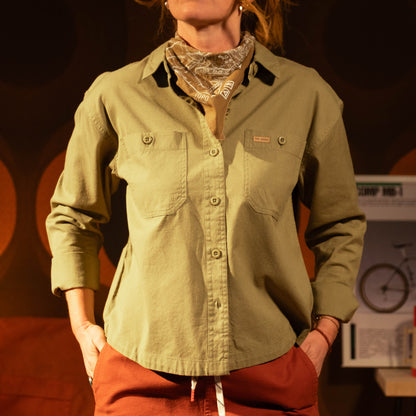 General image of female model in studio wearing Topo Designs Daytripper Shirt Long Sleeve - Women's