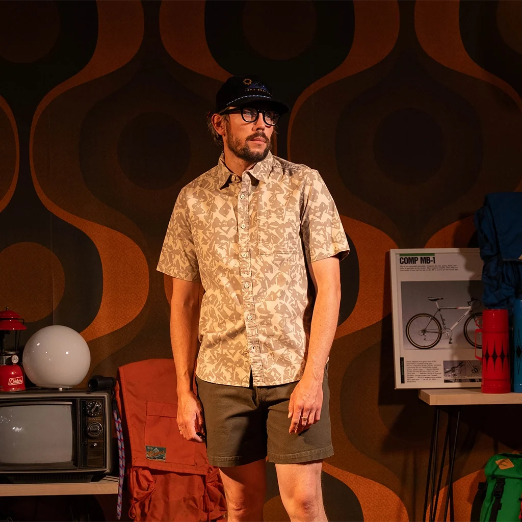 General front view of Topo Designs Desert Shirt Short Sleeve - Men's in "Cobblestone Geo"