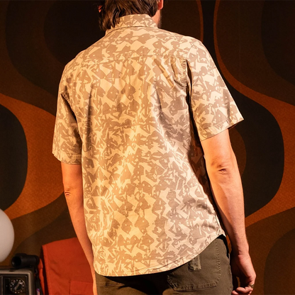 General back view of Topo Designs Desert Shirt Short Sleeve - Men's in "Cobblestone Geo"