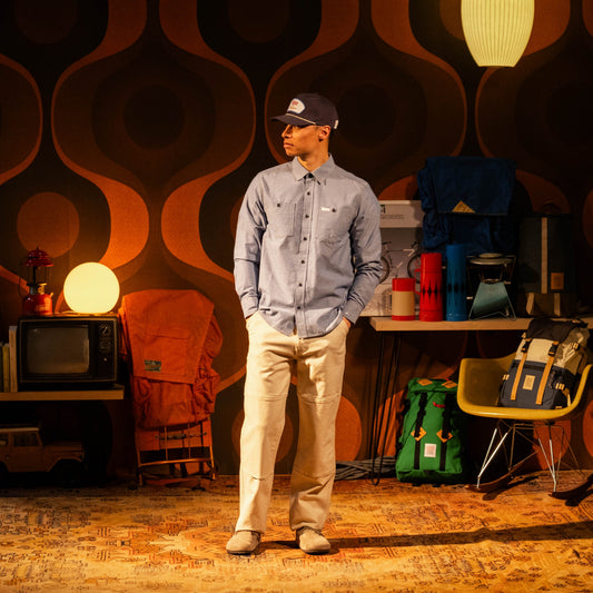 General lookbook photo of model wearing Topo Designs Utility Shirt - Men's in "Blue Chambray"