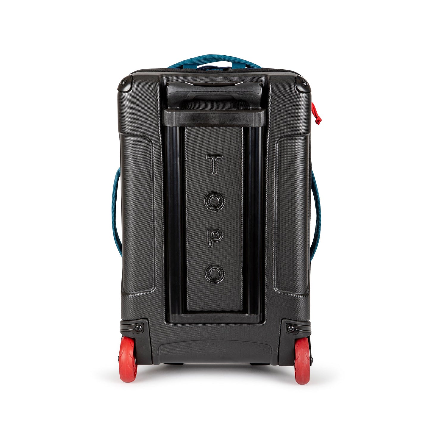 General shot of molded back panel on the Topo Designs Global Travel Bag Roller durable carry-on convertible laptop backpack rolling suitcase in Navy blue.