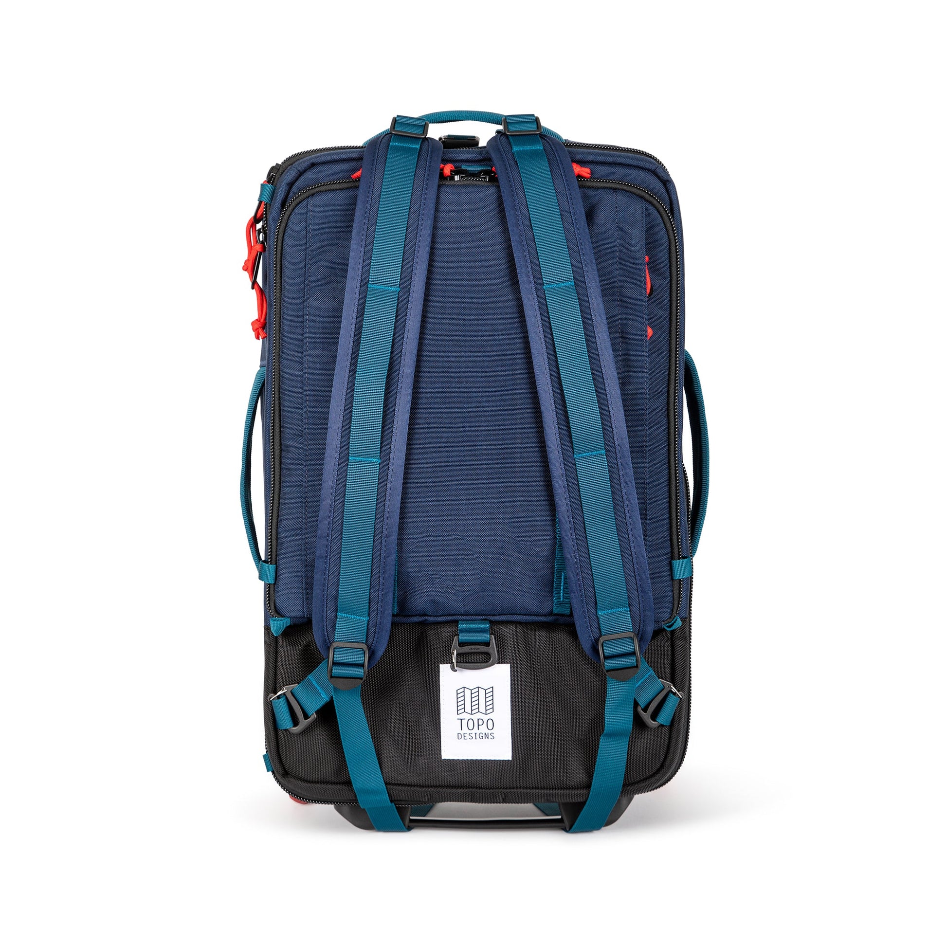 Shot of backpack straps on Topo Designs Global Travel Bag Roller durable carry-on convertible laptop rolling suitcase in Navy blue.