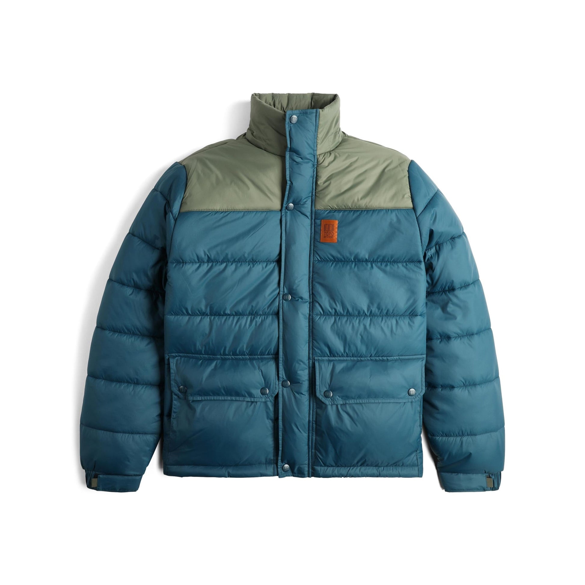 Front View of Topo Designs Retro Ridge Puffer Jacket - Men's in "Pond Blue / Beetle"