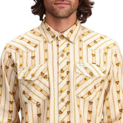 Detail shot of Topo Designs Mountain Shirt Long Sleeve - Men's in "Mountain Angle Bone White"