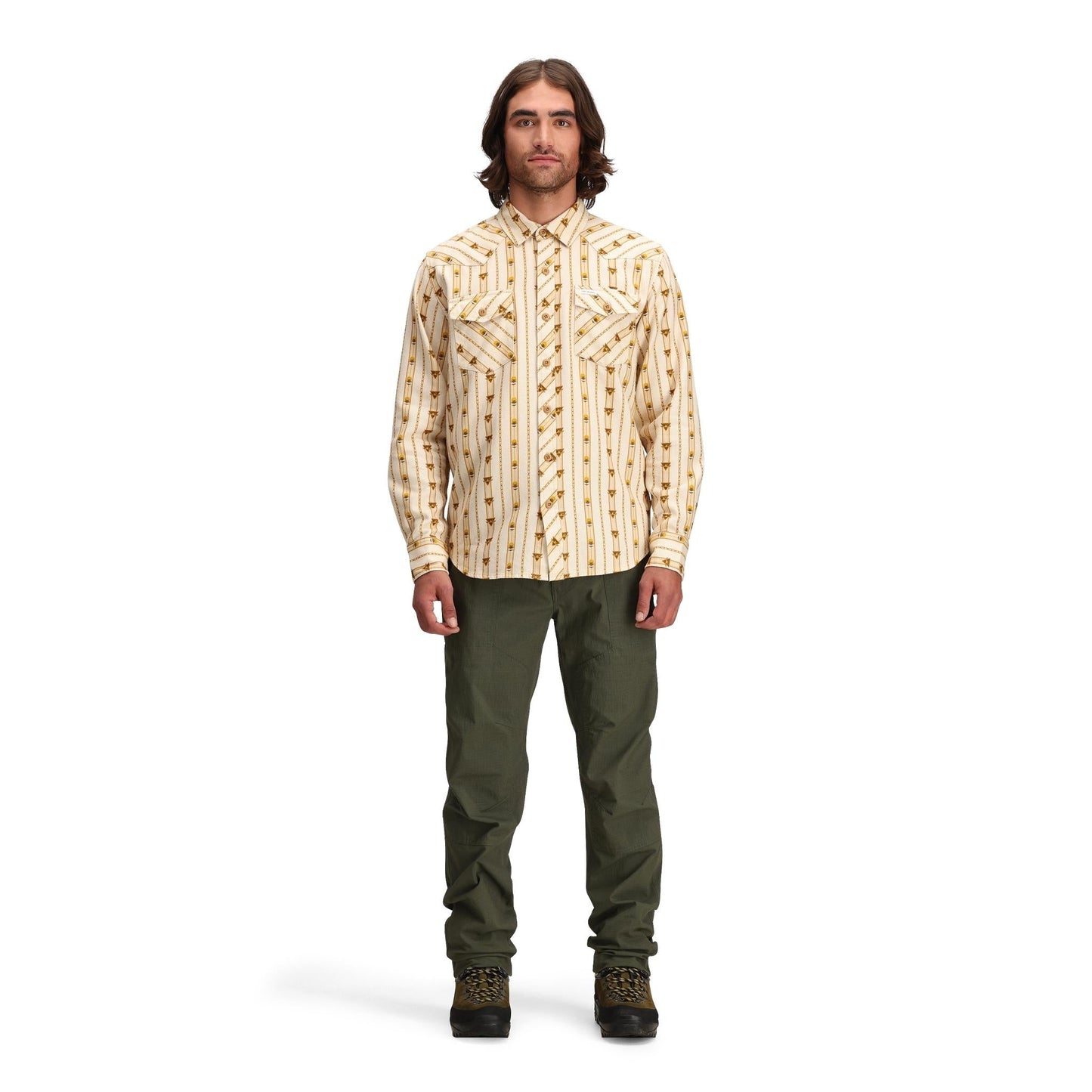 fRont model shot of Topo Designs Mountain Shirt Long Sleeve - Men's in "Mountain Angle Bone White"