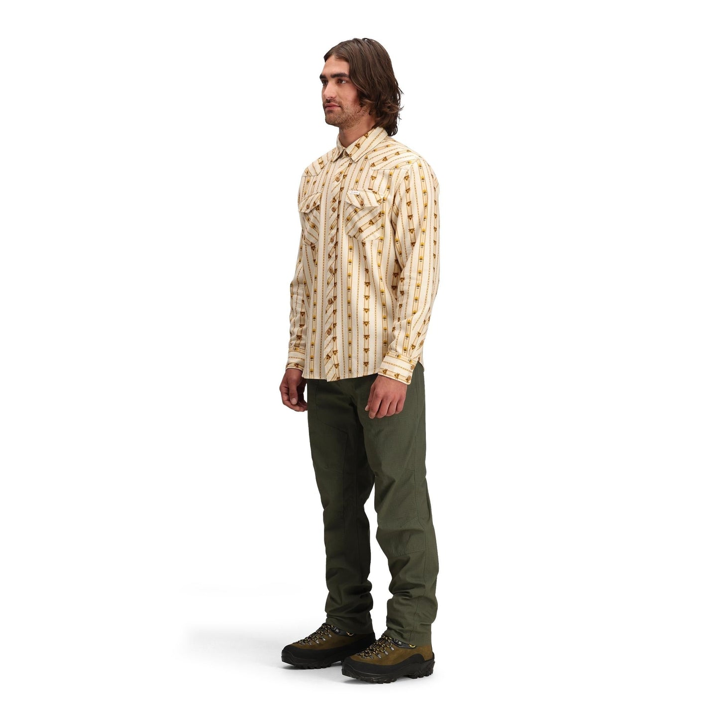 Side model shot of Topo Designs Mountain Shirt Long Sleeve - Men's in "Mountain Angle Bone White"