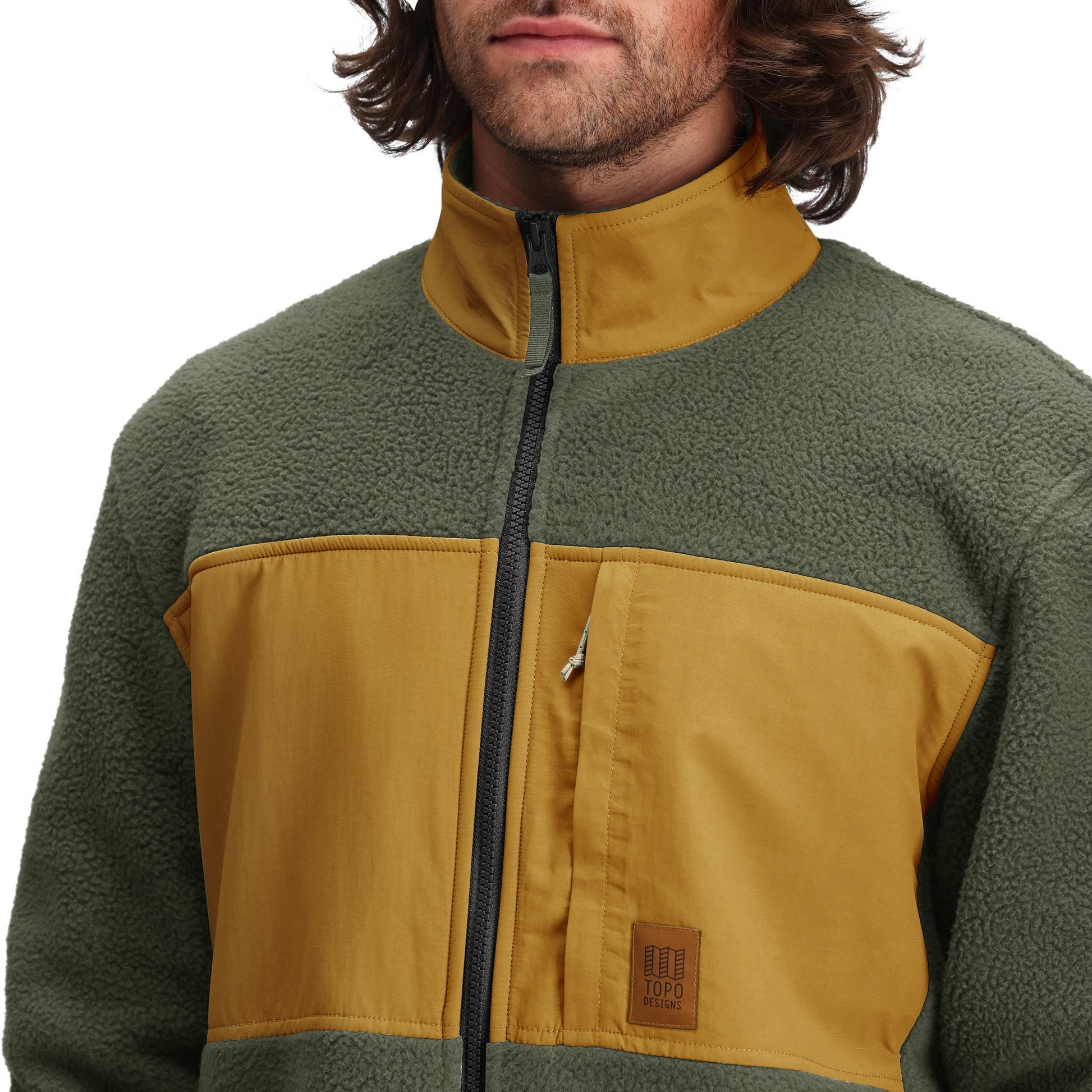 Detail shot of Topo Designs Summit Rise Full Zip Jacket - Men's in "Beetle / Dark Khaki"