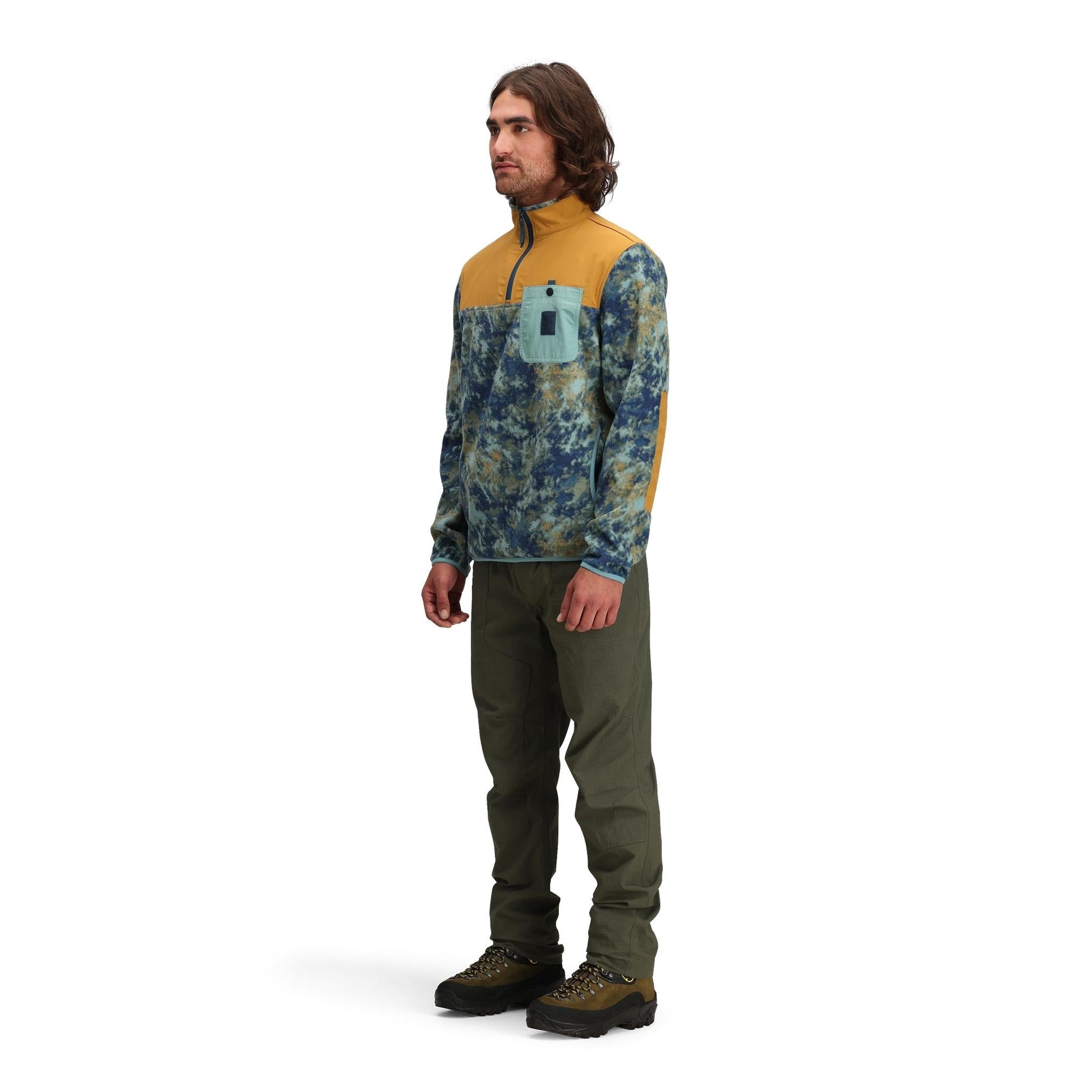 General Side model shot of Topo Designs Vista 1/4 Zip Lightweight Fleece - Men's in "Pond Blue Storm / Khaki"