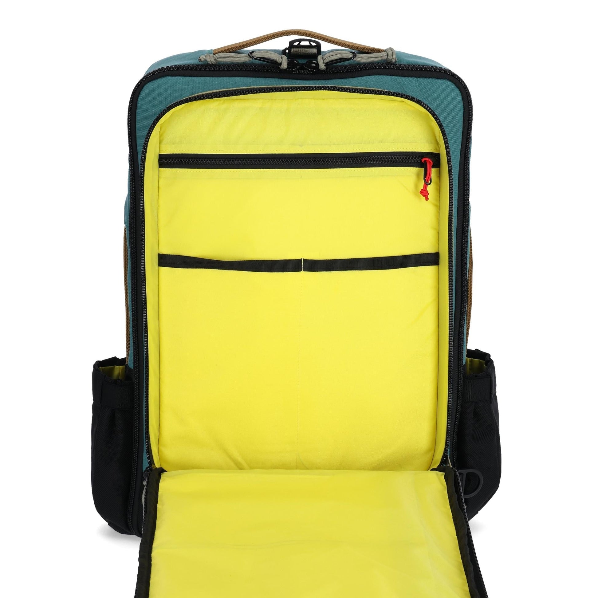 Detail shot of Topo Designs Global Travel Bag 30L in "Caribbean / Dark Khaki"