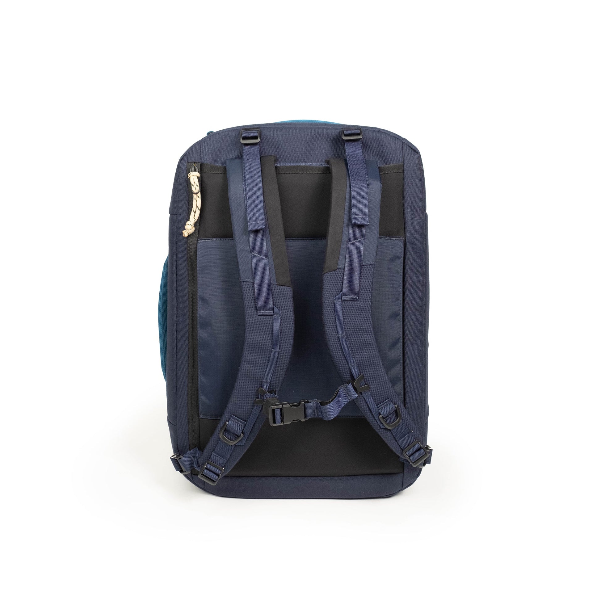 Back view of Global Travel Duffel in "Navy / Sahara" with shoulder straps shown.