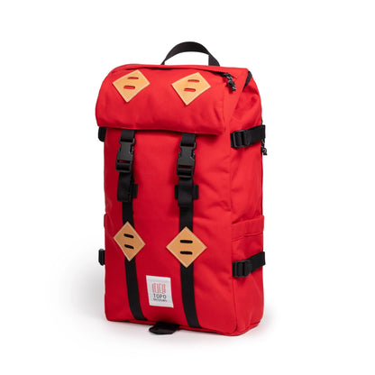Quarter view of Topo Designs Klettersack Classic vintage-inspired rucksack backpack in "Salsa".