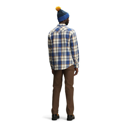 General Back model shot of Topo Designs Mountain Shirt Long Sleeve - Men's in "Midnight / Cobalt Multi"