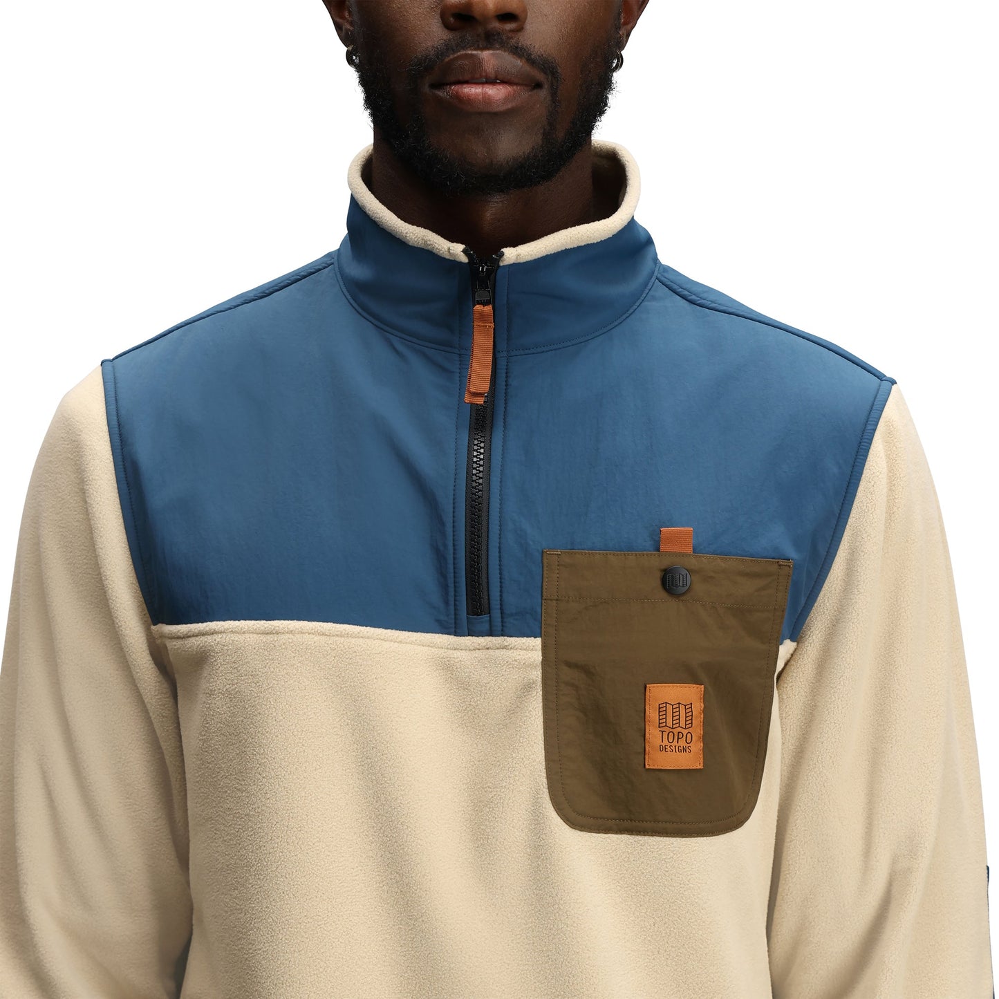 General Detail shot of Topo Designs Vista 1/4 Zip Lightweight Fleece - Men's in "Oatmeal / Pond Blue"