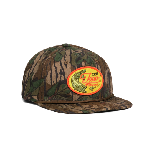 Front quarter shot of Topo Designs x CCH x Pine Printshop Rope Cap in "Mossy Oak Greenleaf"