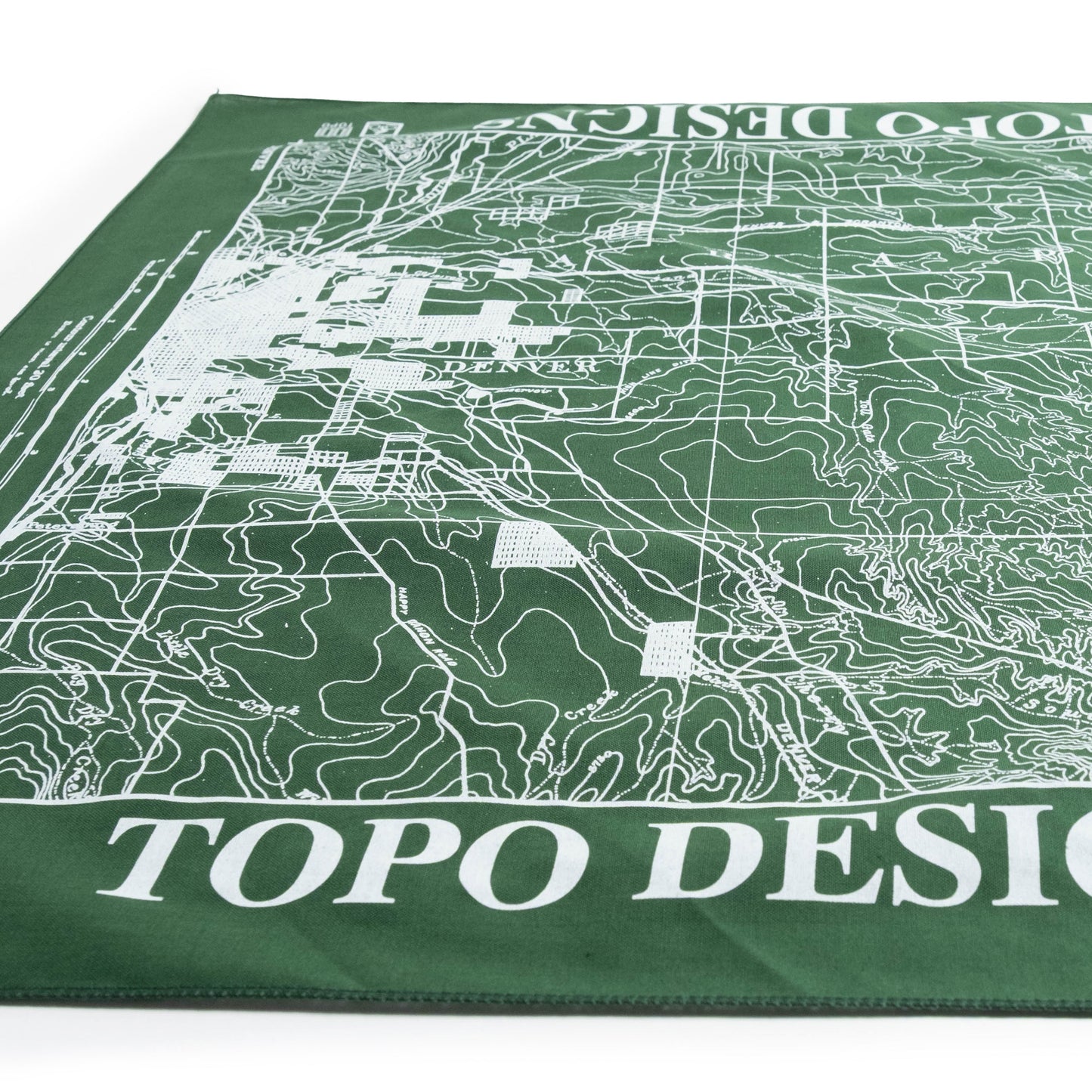 Topo Designs x Pine Printshop Bandana in "Denver Forest" flat lay detail