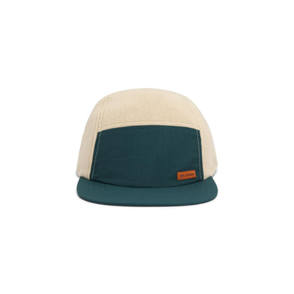 Front View of Topo Designs Full Dome Fleece Cap in "Oatmeal / Pond Blue"