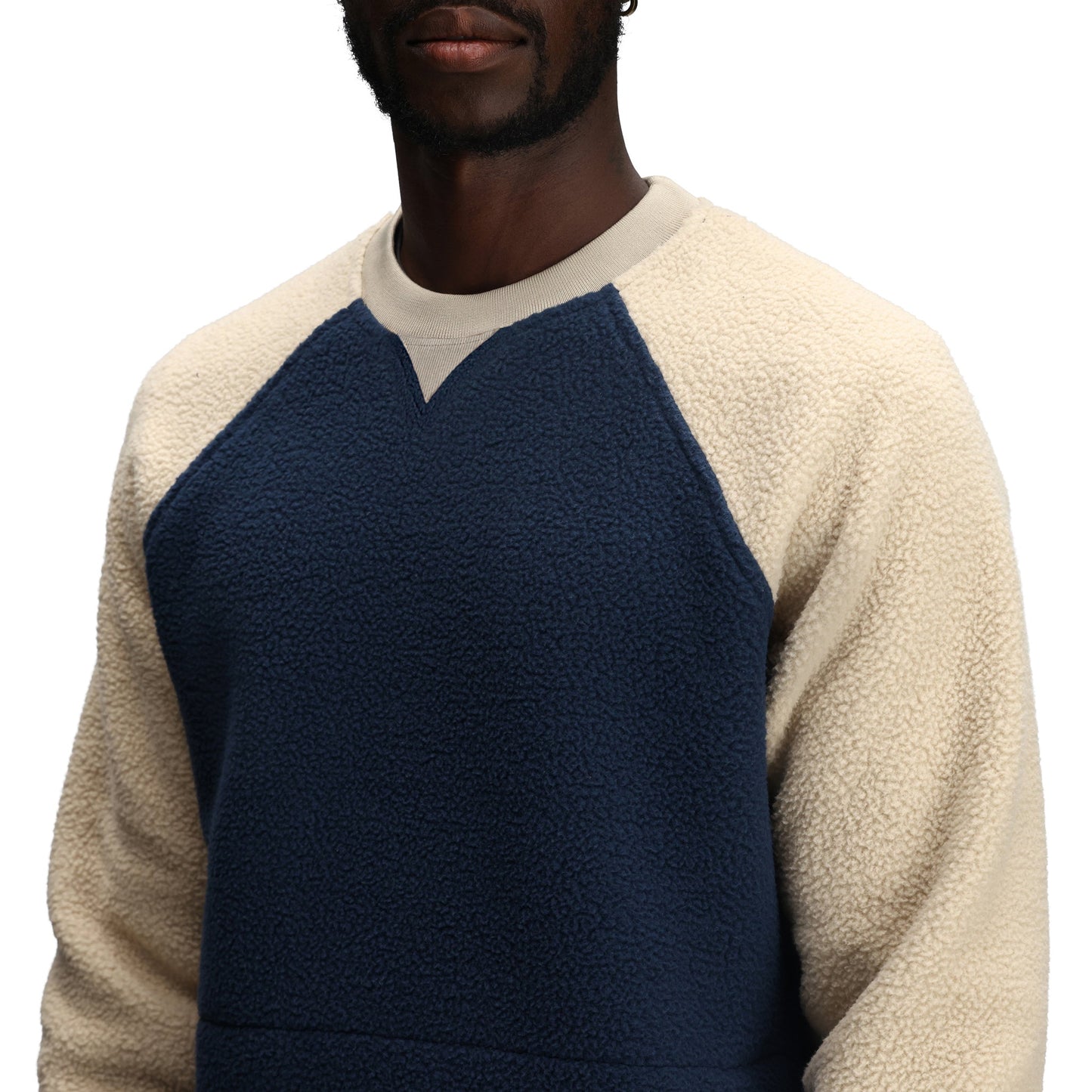 General Detail shot of Topo Designs Mountain Fleece Crewneck - Unisex in "Midnight / Oatmeal"