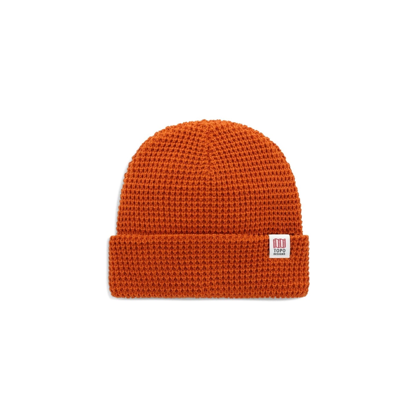 Front View of Topo Designs Waffle Knit Beanie in "Clay"