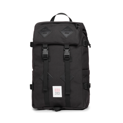 Quarter view of Topo Designs Klettersack Classic vintage-inspired rucksack backpack in "Black".
