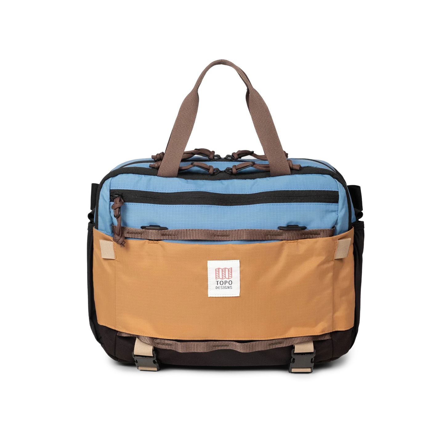 Front View of Topo Designs Mountain Cross Bag in "River Blue / Brown Oak"