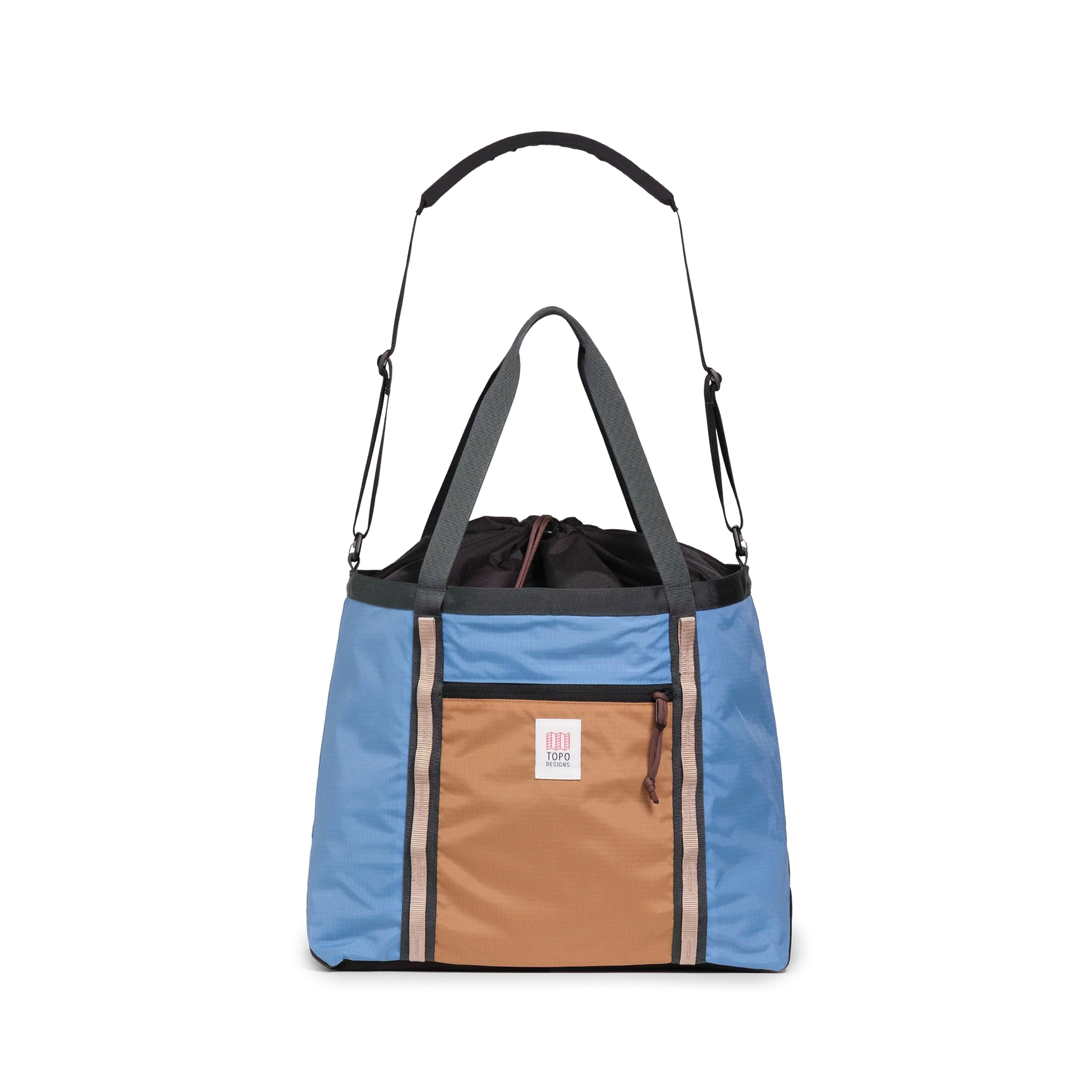 Front View of Topo Designs Mountain Utility Tote in "River Blue / Brown Oak"