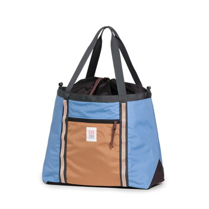 Front View of Topo Designs Mountain Utility Tote in "River Blue / Brown Oak"