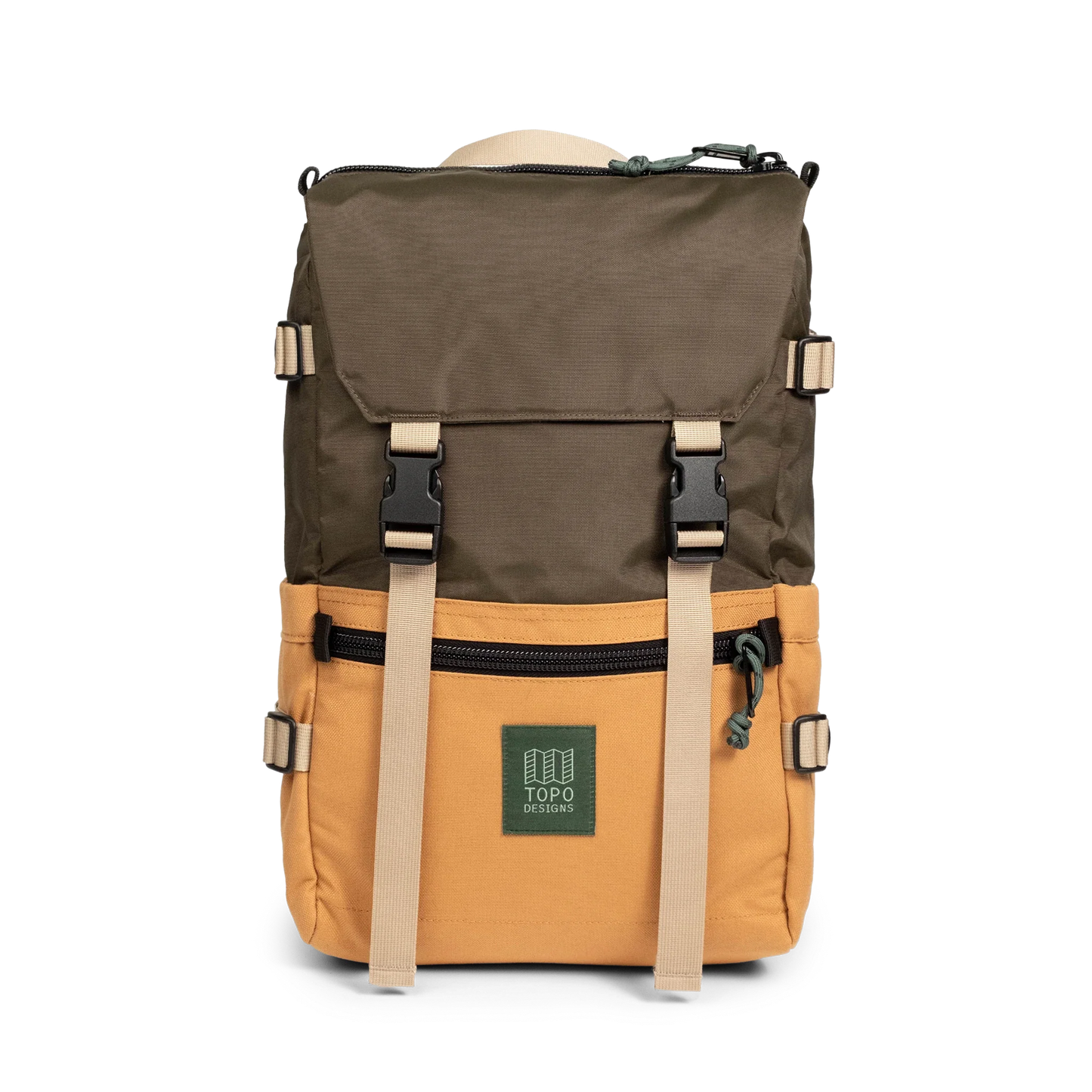 Front View of Topo Designs Rover Pack Classic in "Woodland / Brown Oak"