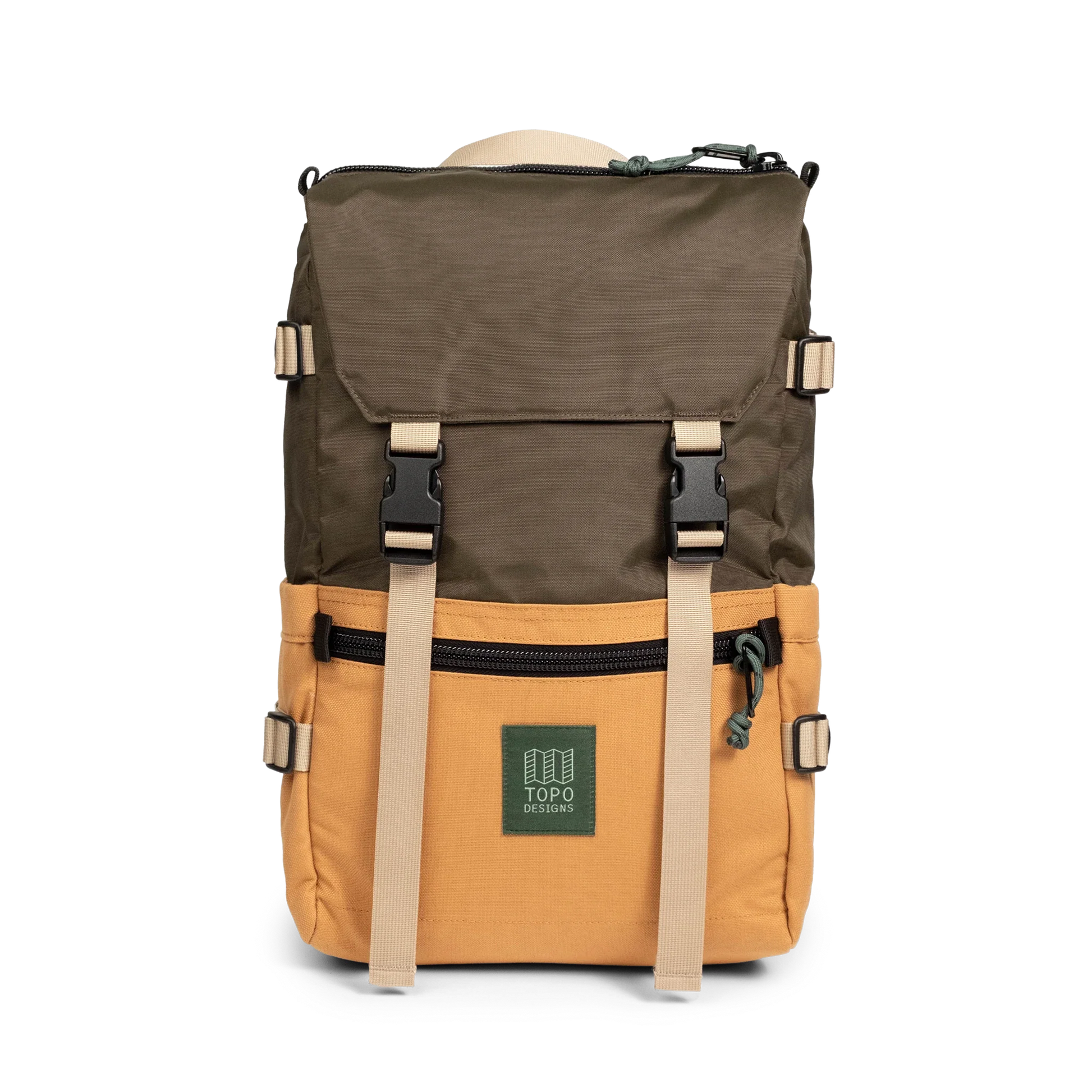 Front View of Topo Designs Rover Pack Classic in "Woodland / Brown Oak"