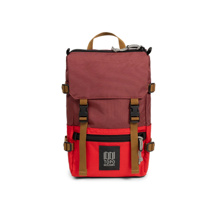 Front View of Topo Designs Rover Pack Mini in "Maroon / Salsa"