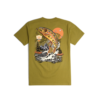 Back shot of Topo Designs x CCH x Pine Printshop Golden Trout Tee in "Moss"