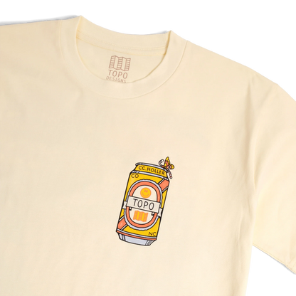 Front detail shot of Topo Designs x CCH x Pine Printshop Urban Angler Tee in "Butter"