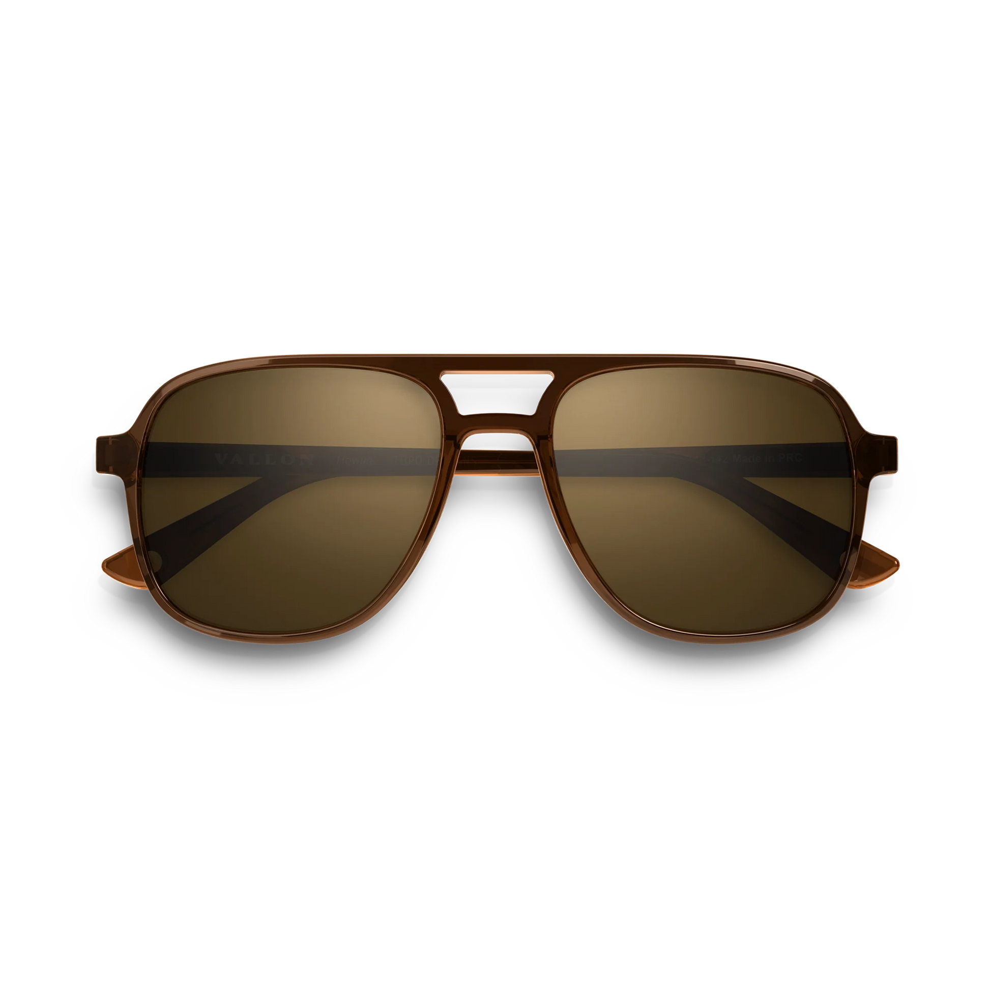 General front view of VALLON X Topo Designs sunglasses in "Brown / Brown" with sunglass arms closed.