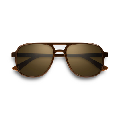 General front view of VALLON X Topo Designs sunglasses in "Brown / Brown" with sunglass arms closed.