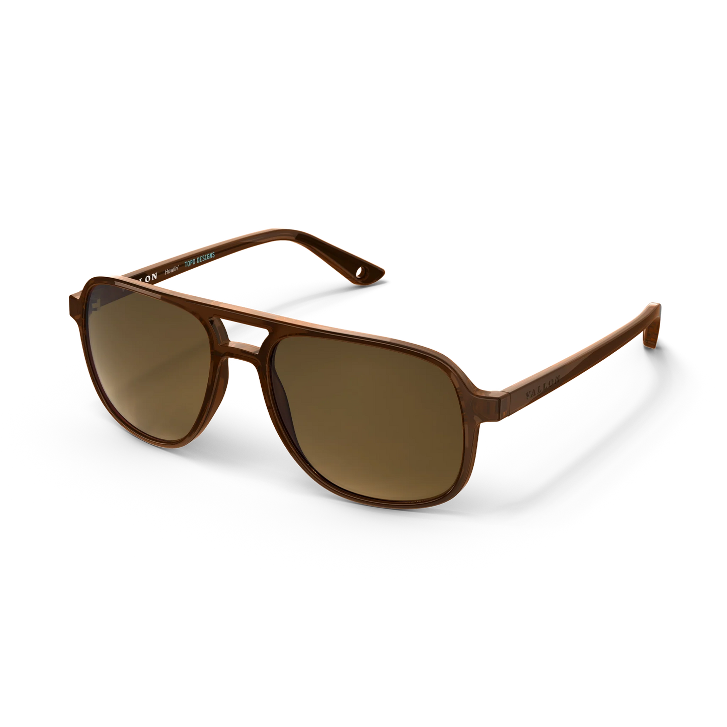 General angled view of VALLON X Topo Designs sunglasses in "Brown / Brown" with sunglass arms open.