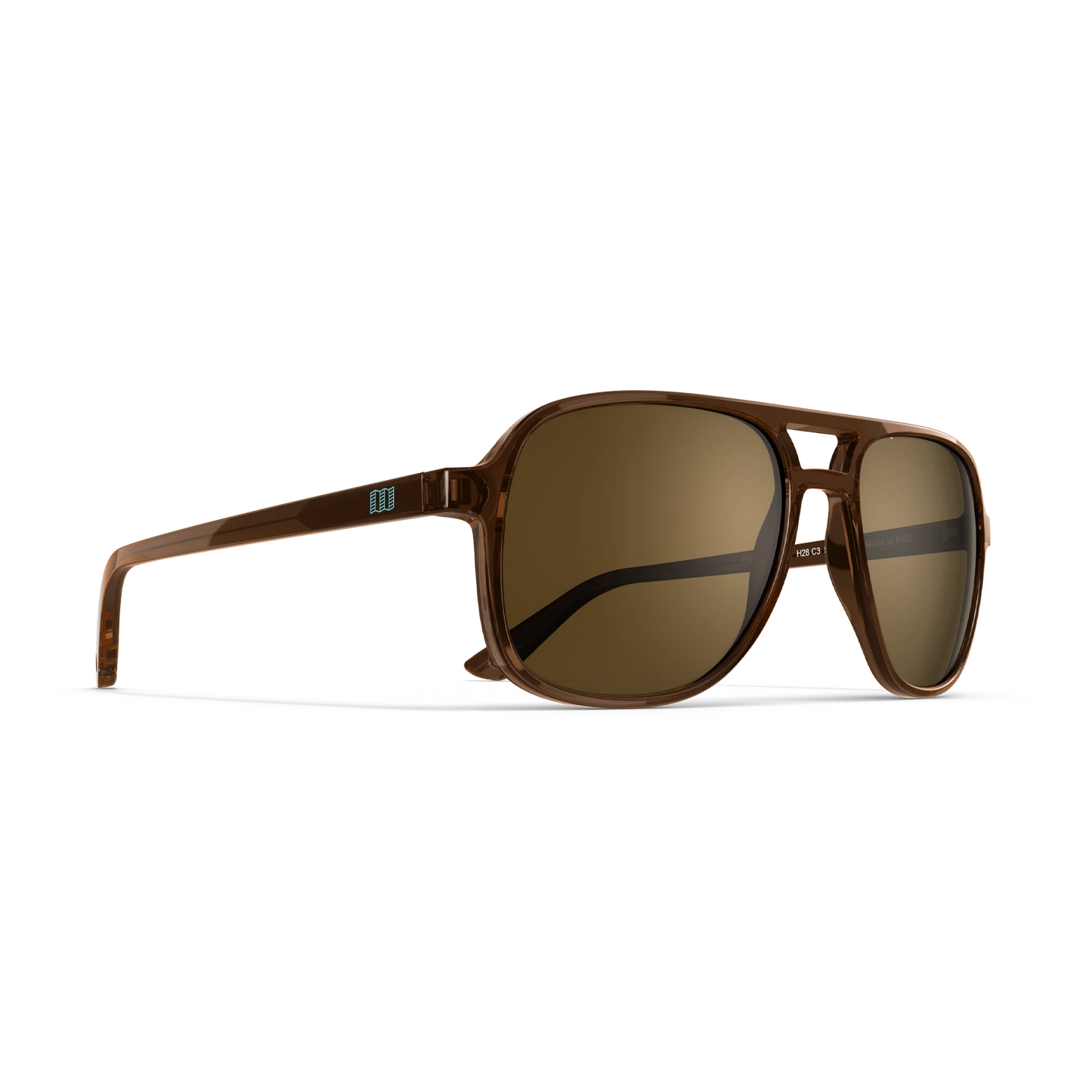 General alternate angled view of VALLON X Topo Designs sunglasses in "Brown / Brown" with sunglass arms open.
