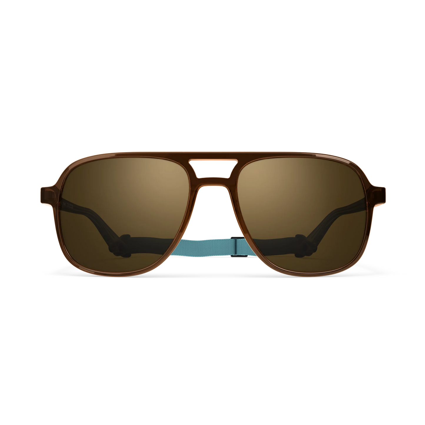 General front view of VALLON X Topo Designs sunglasses in "Brown / Brown" with sunglass arms open and strap attached.