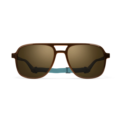 General front view of VALLON X Topo Designs sunglasses in "Brown / Brown" with sunglass arms open and strap attached.