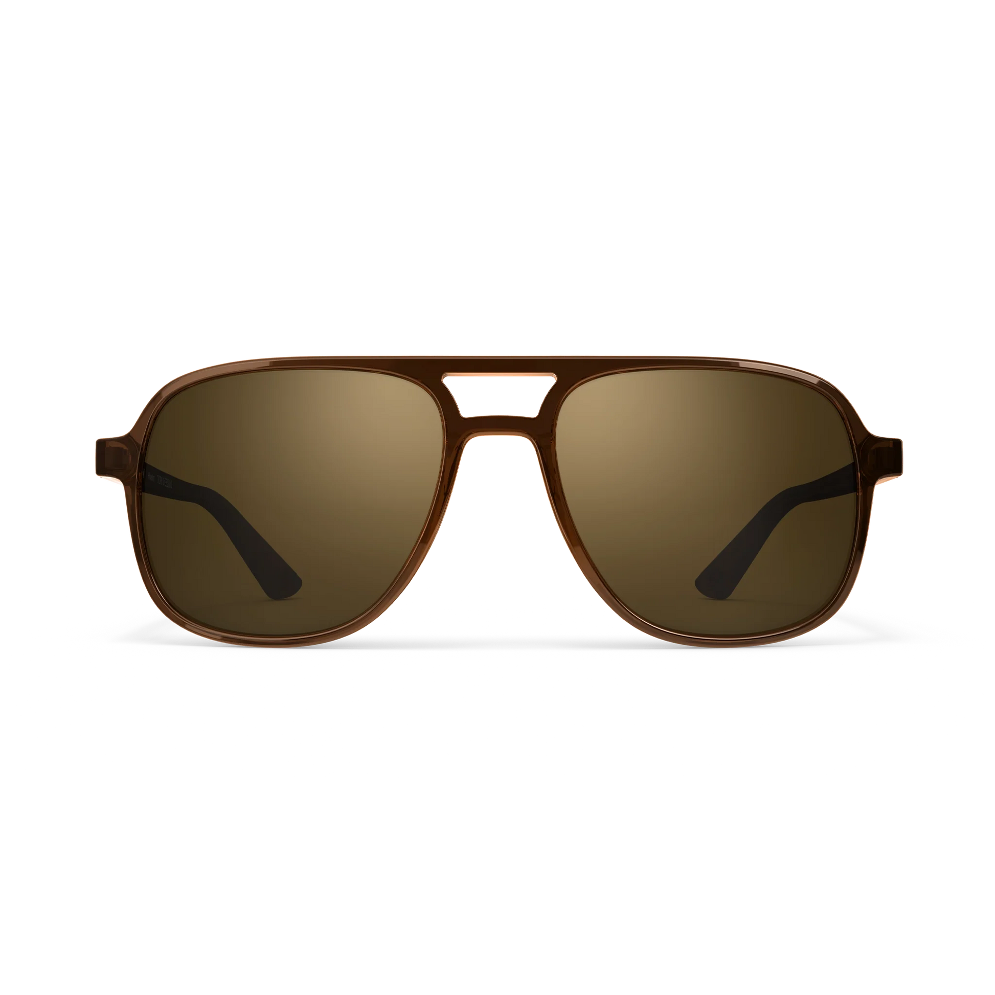 General front view of VALLON X Topo Designs sunglasses in "Brown / Brown" with sunglass arms open.