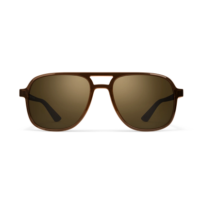 General front view of VALLON X Topo Designs sunglasses in "Brown / Brown" with sunglass arms open.