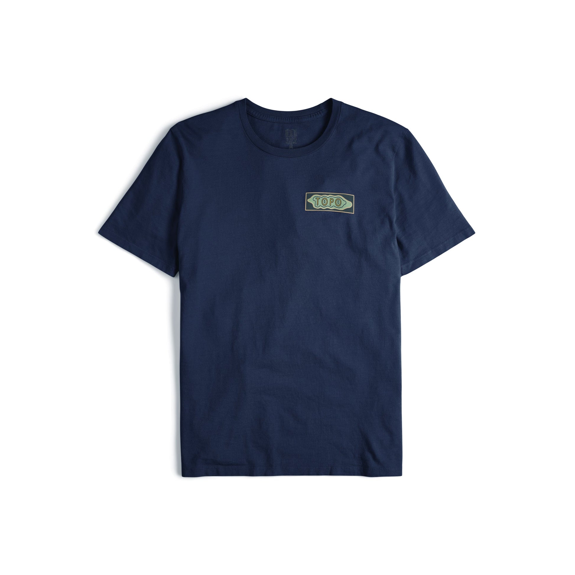 Front view of Topo Designs Men's Geographic Tee 100% organic cotton short sleeve graphic logo t-shirt in "navy".
