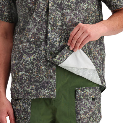 Detail shot of Topo Designs Retro River Shirt Ss - Men's in "Olive Meteor"