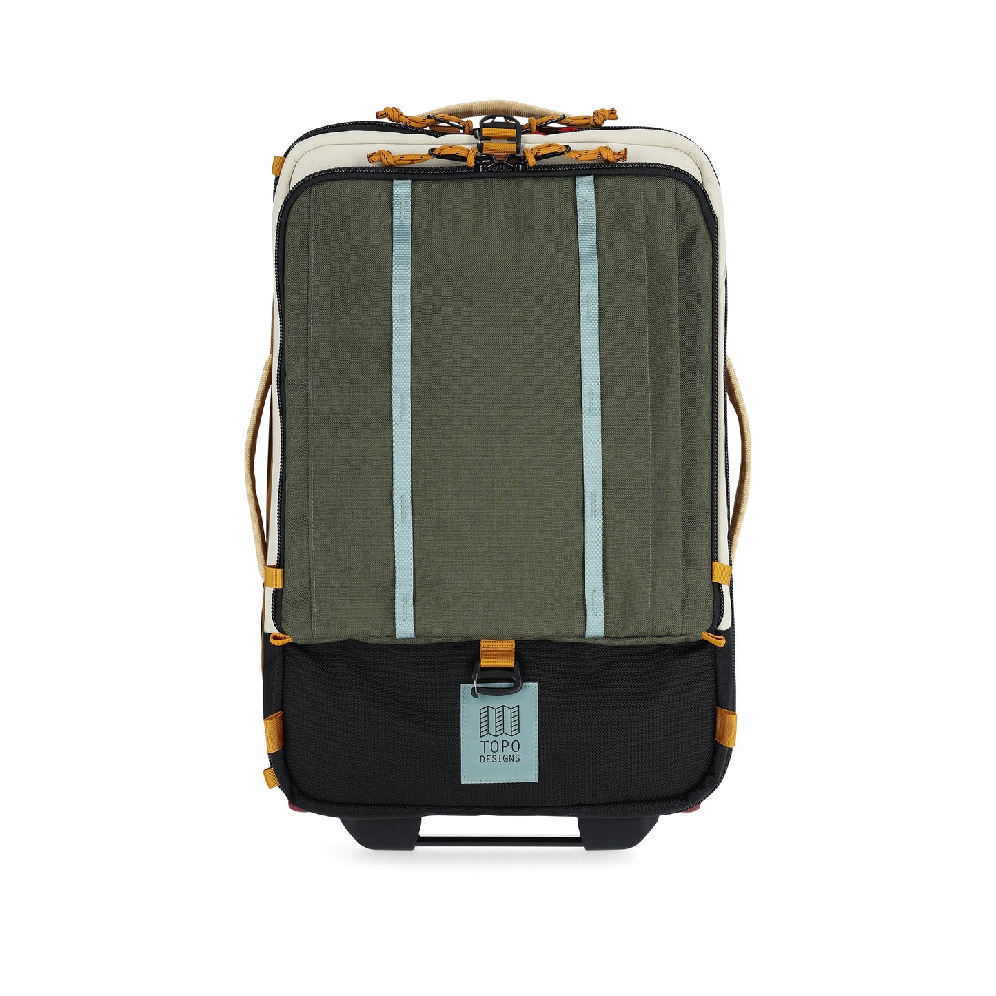 Front View of Topo Designs Global Travel Bag Roller in "Bone White / Olive"