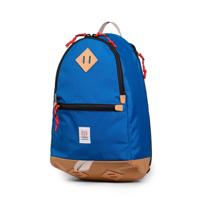 Quarter view of Topo Designs Classic Teardrop Backpack in "Classic Blue"