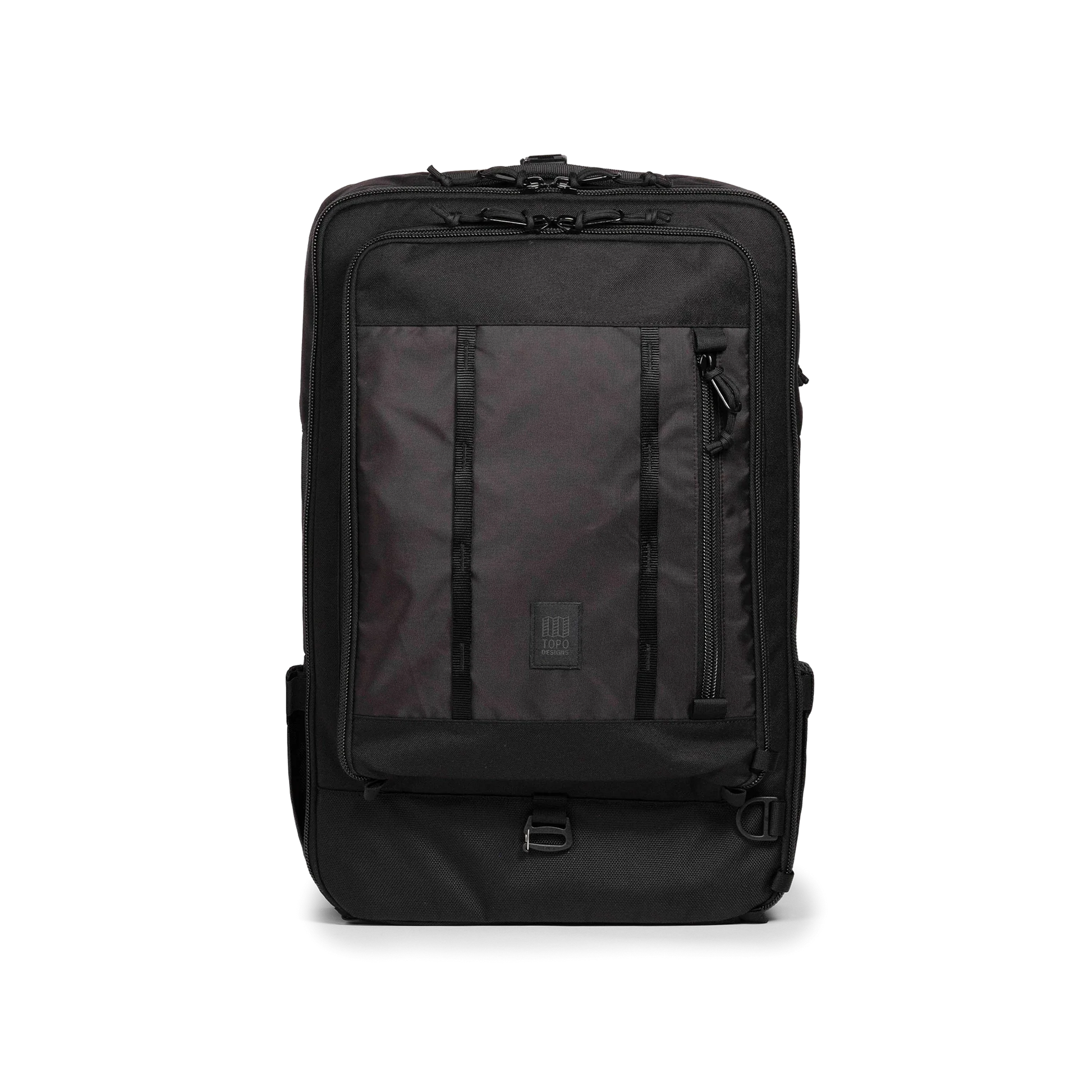 Front view of Topo Designs Global Travel Bag 40L in "Black / Black"