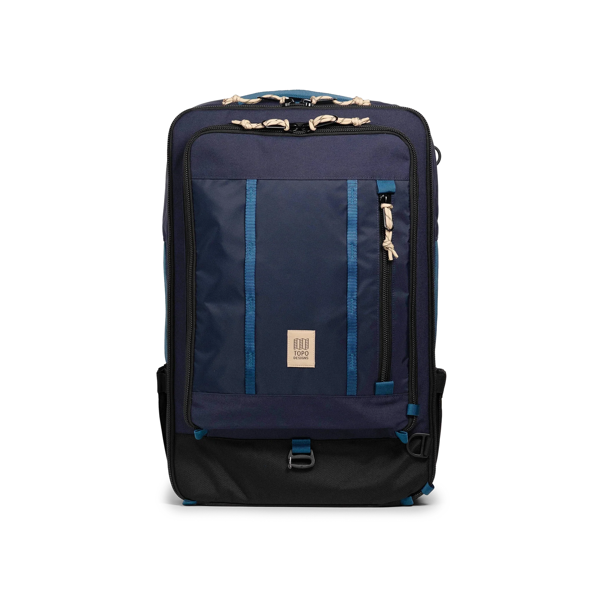 Front view of Topo Designs Global Travel Bag 40L in "Navy / Sahara"