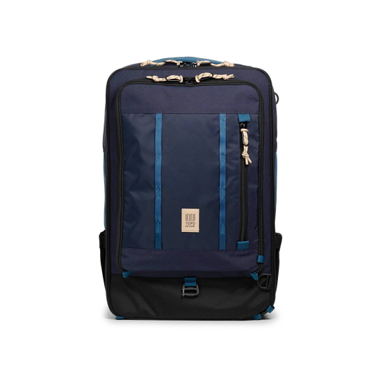 Front view of Topo Designs Global Travel Bag 40L in "Navy / Sahara"