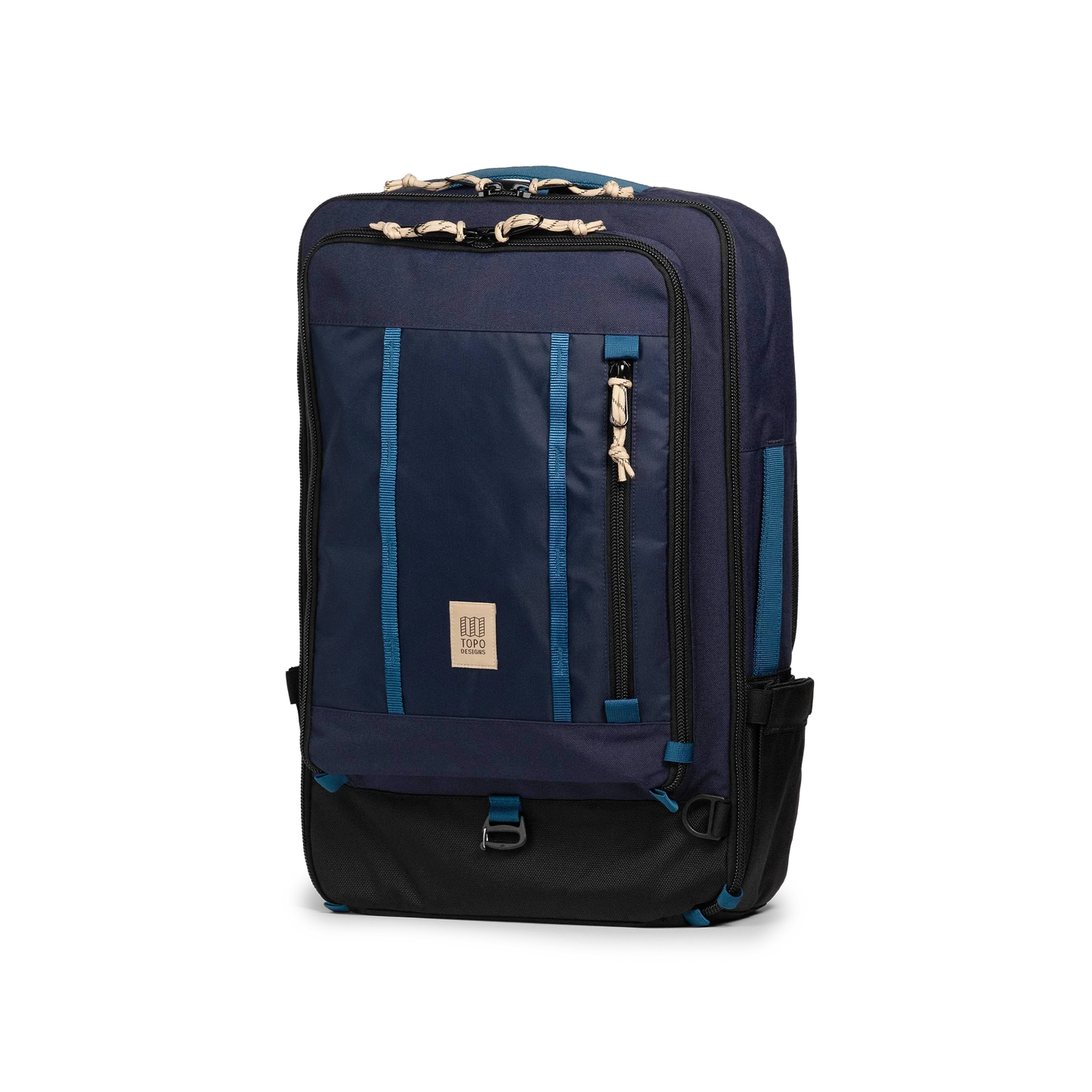 Front quarter view of Topo Designs Global Travel Bag 40L in "Navy / Sahara"