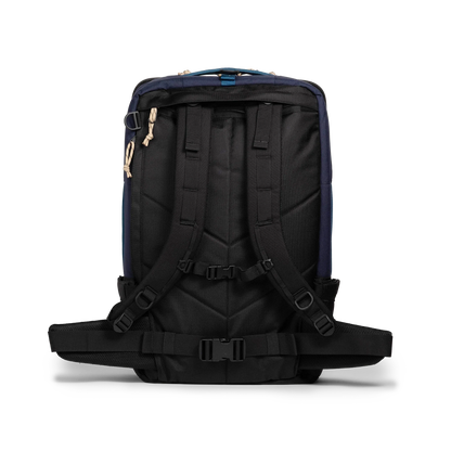 Back view of Topo Designs Global Travel Bag 40L in "Navy / Sahara"