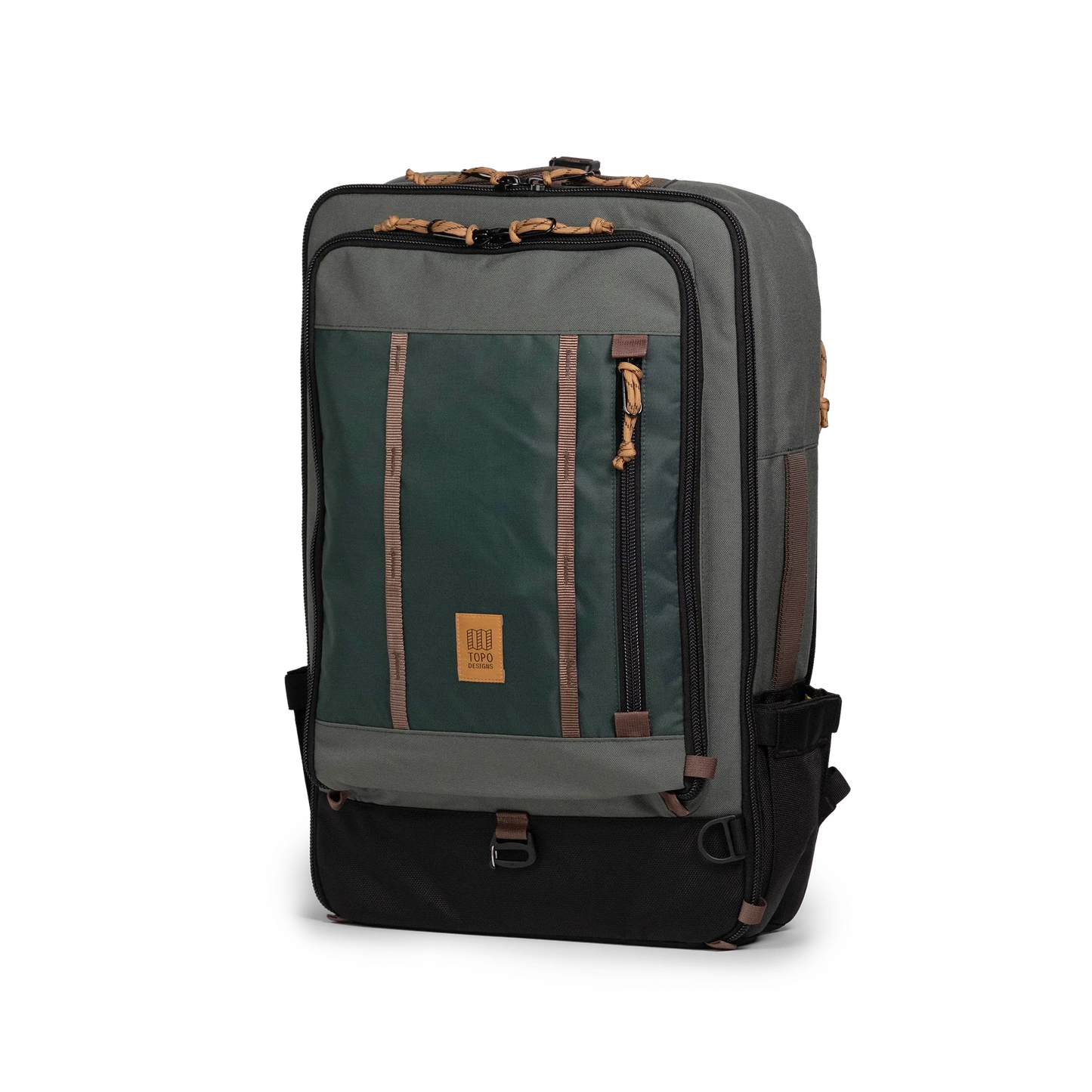 Front quarter view of Topo Designs Global Travel Bag 40L in "Woodland / Forest"