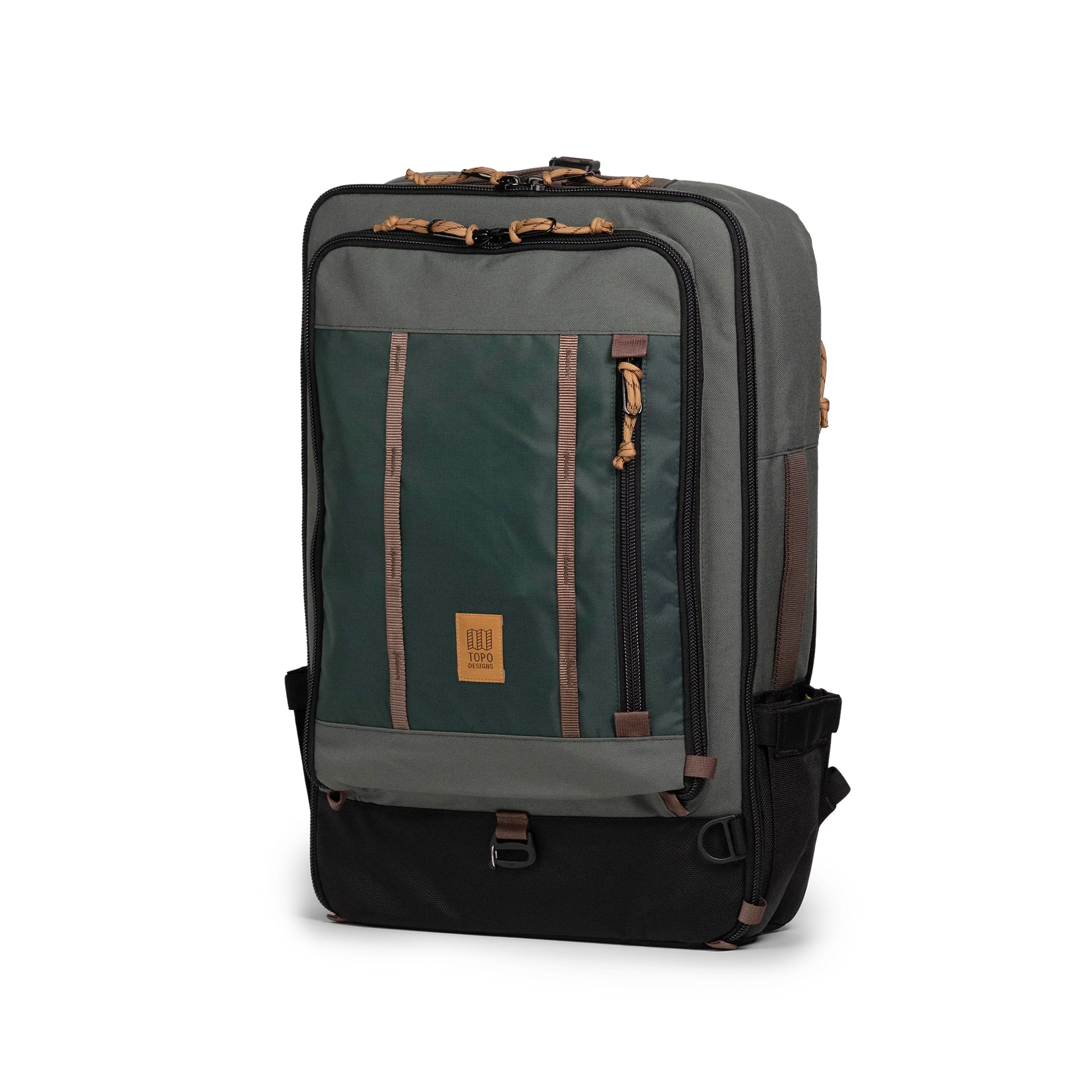 Front quarter view of Topo Designs Global Travel Bag 40L in "Woodland / Forest"
